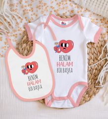 BK Kids Benim Halam Bir Başka Tasarımlı Pembe Bebek Body Zıbın ve Mama Önlüğü Hediye Seti-1