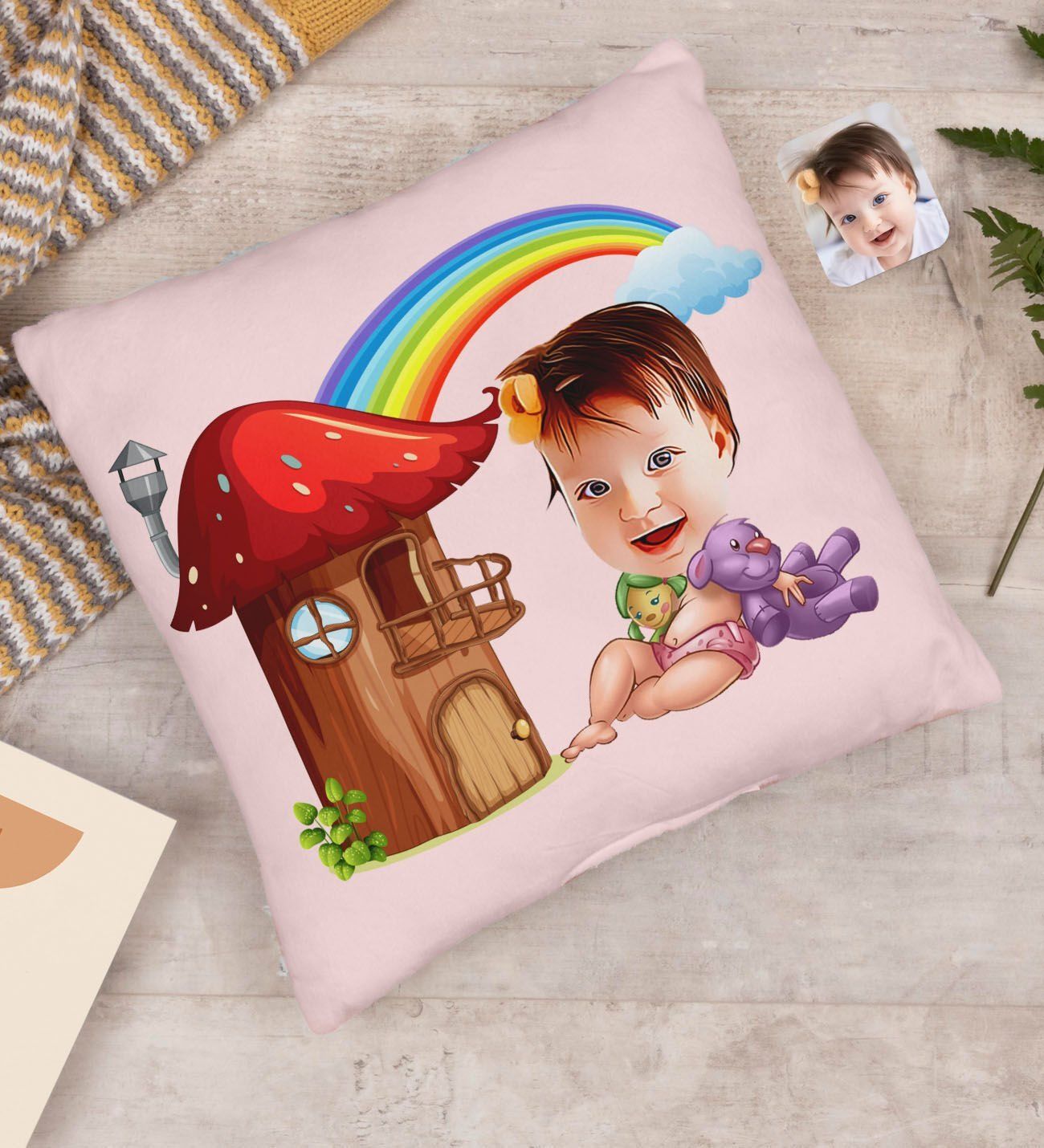 BK Gift Kişiye Özel Bebek Karikatürlü Beyaz Yastık-1