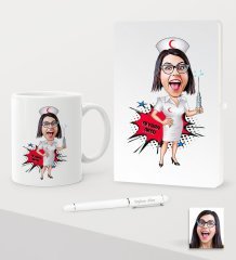 Kişiye Özel Hemşire Karikatürlü Beyaz Defter Kalem Kupa Seti - 1