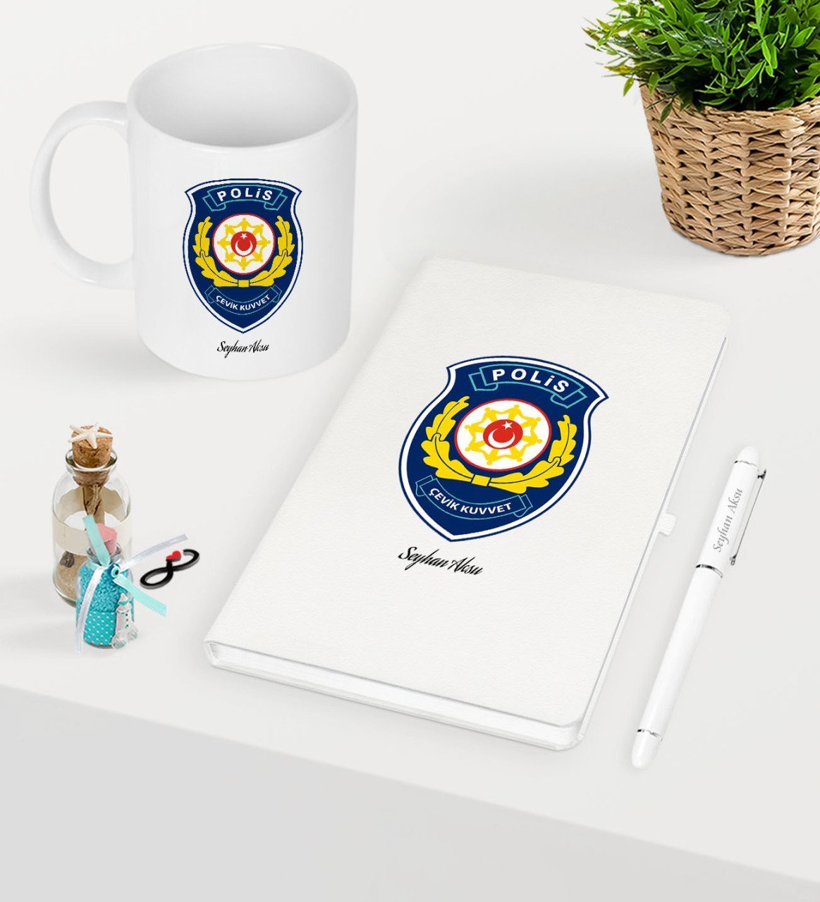 Kişiye Özel Polis Çevik Kuvvet Temalı Beyaz Defter Kalem Kupa Seti