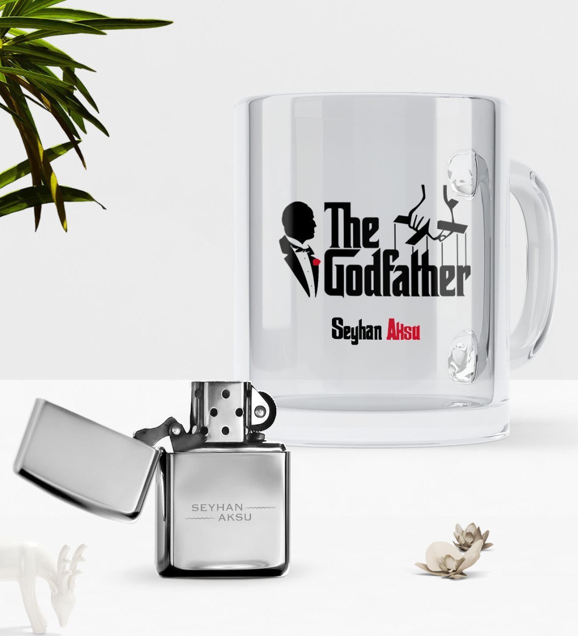 Kişiye Özel The Godfather Cam Kupa Bardak Benzinli Çakmak Seti