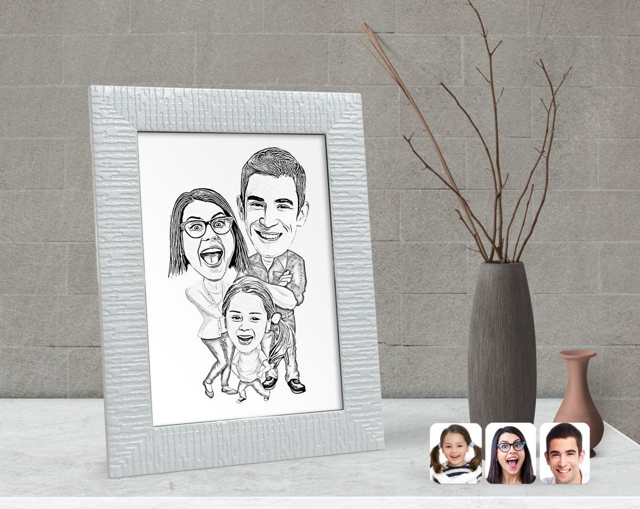Kişiye Özel Karakalem 3'lü Aile Karikatürlü Dekoratif Çerçeve-1