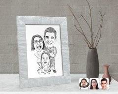 Kişiye Özel Karakalem 3'lü Aile Karikatürlü Dekoratif Çerçeve-1