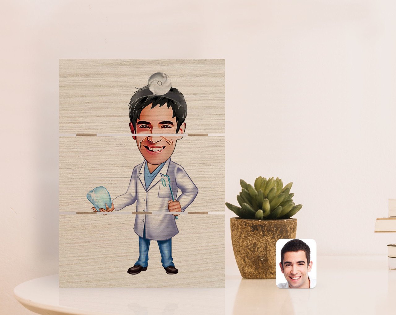 Kişiye Özel Erkek Diş Hekimi Karikatürlü Otantik Masaüstü Ahşap Palet Çerçeve-3