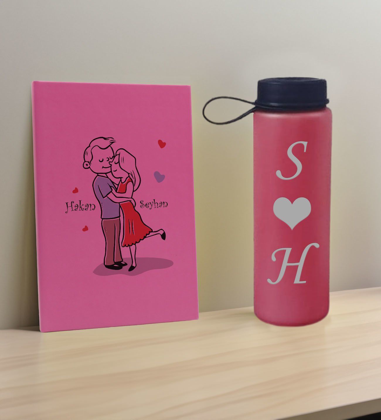 BK Gift Sevgiliye Özel İsimli Pembe Defter ve Fuşya Cam Matara Hediye Seti-10, Sevgiliye Hediye, Sevgililer Günü, Yeni İş Hediyesi