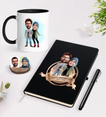 Kişiye Özel Yılın En Mükemmel Çifti Karikatürlü Siyah Defter Kalem ve Kupa Seti-60