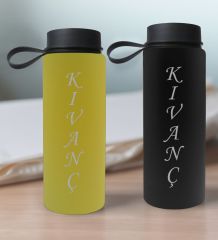 BK Gift Kişiye Özel İsimli 2’li Siyah ve Sarı Cam Matara 500ml, Sevgiliye Hediye, İsimli Cam Matara, Sevgililer Günü