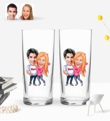 Kişiye Özel Sevgililer Karikatürlü 2’li Rakı Bardağı ve Meze Tabaklı Doğal Masif Ahşap Servis Sunum Tepsisi Model 5