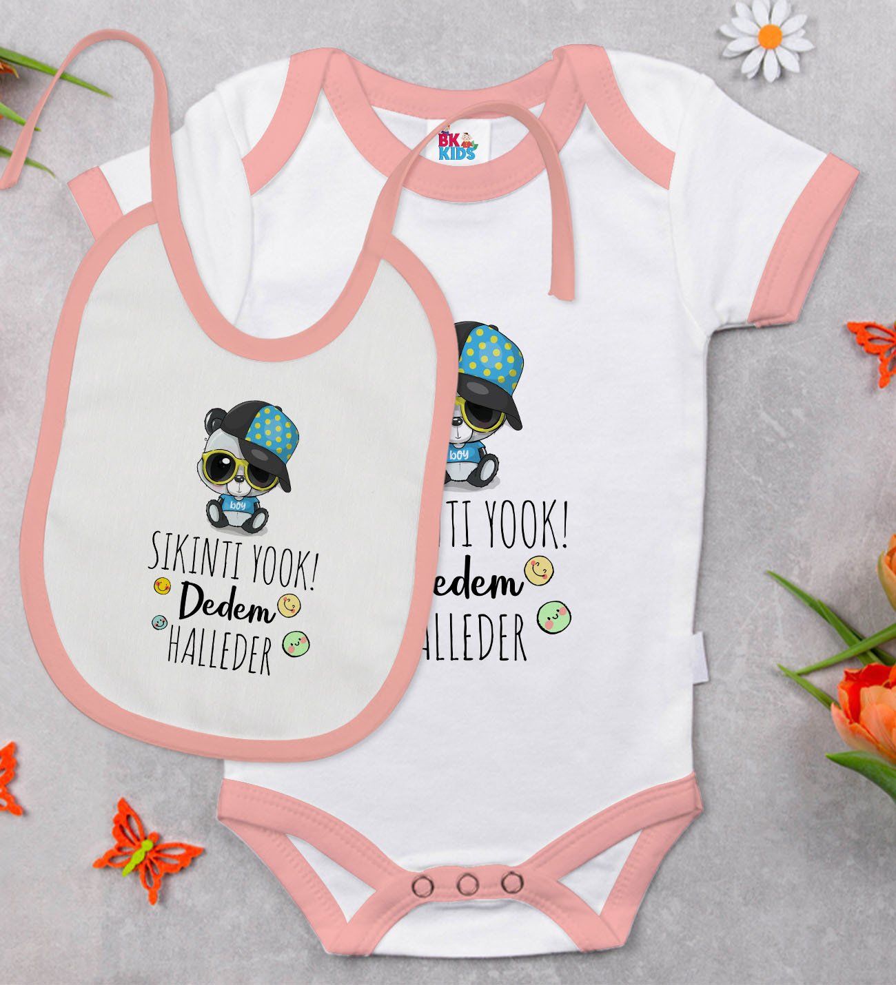 BK Kids Sıkıntı Yok Dedem Halleder Tasarımlı Pembe Bebek Body Zıbın ve Mama Önlüğü Hediye Seti-1