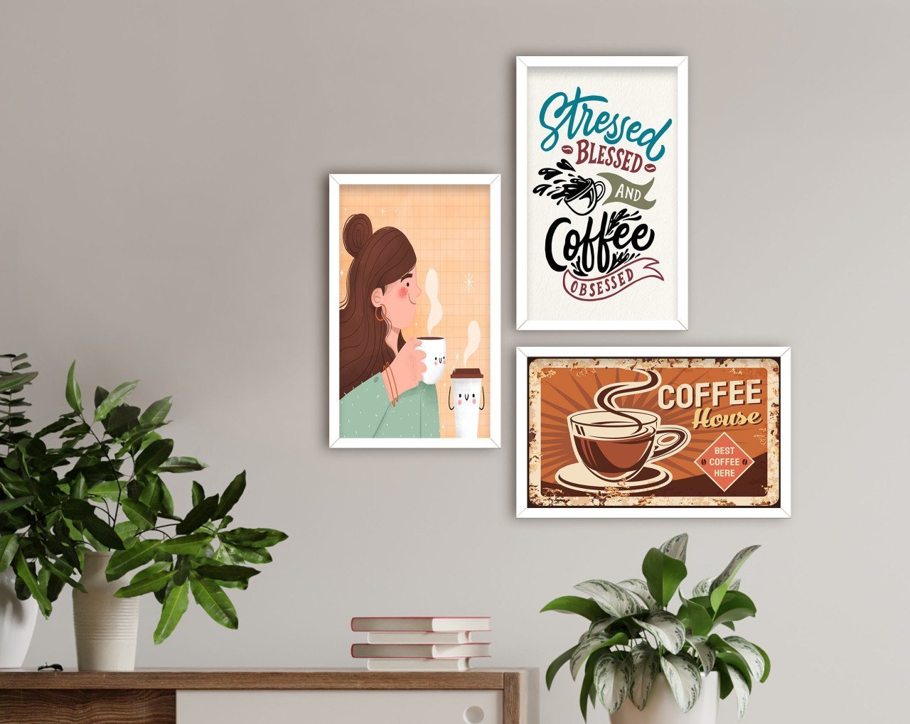 BK Home Coffee Tasarımlı Dekoratif 3’lü Ahşap Beyaz Çerçeveli Tablo-11