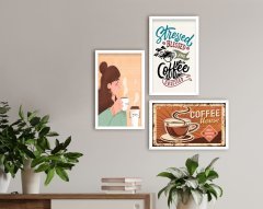 BK Home Coffee Tasarımlı Dekoratif 3’lü Ahşap Beyaz Çerçeveli Tablo-11