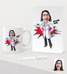 Kişiye Özel Bayan Doktor Karikatürlü Beyaz Defter Kalem Kupa Seti - 1