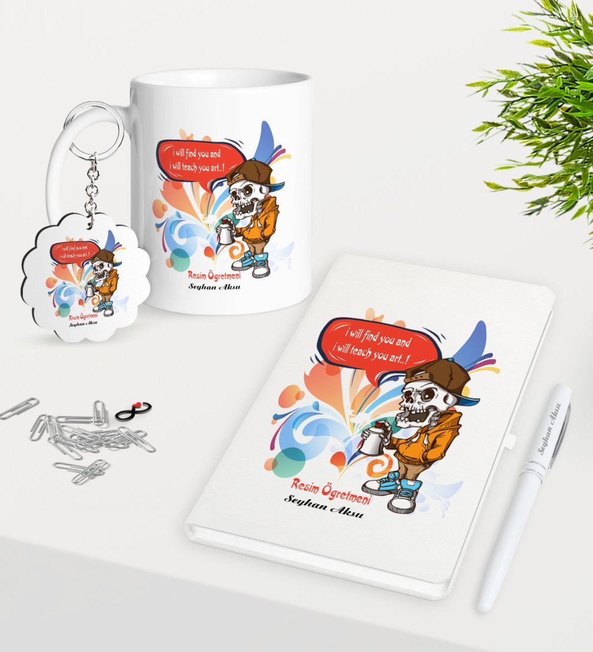 Kişiye Özel Resim Öğretmeni Kupa Anahtarlık Beyaz Defter Kalem Hediye Seti-1