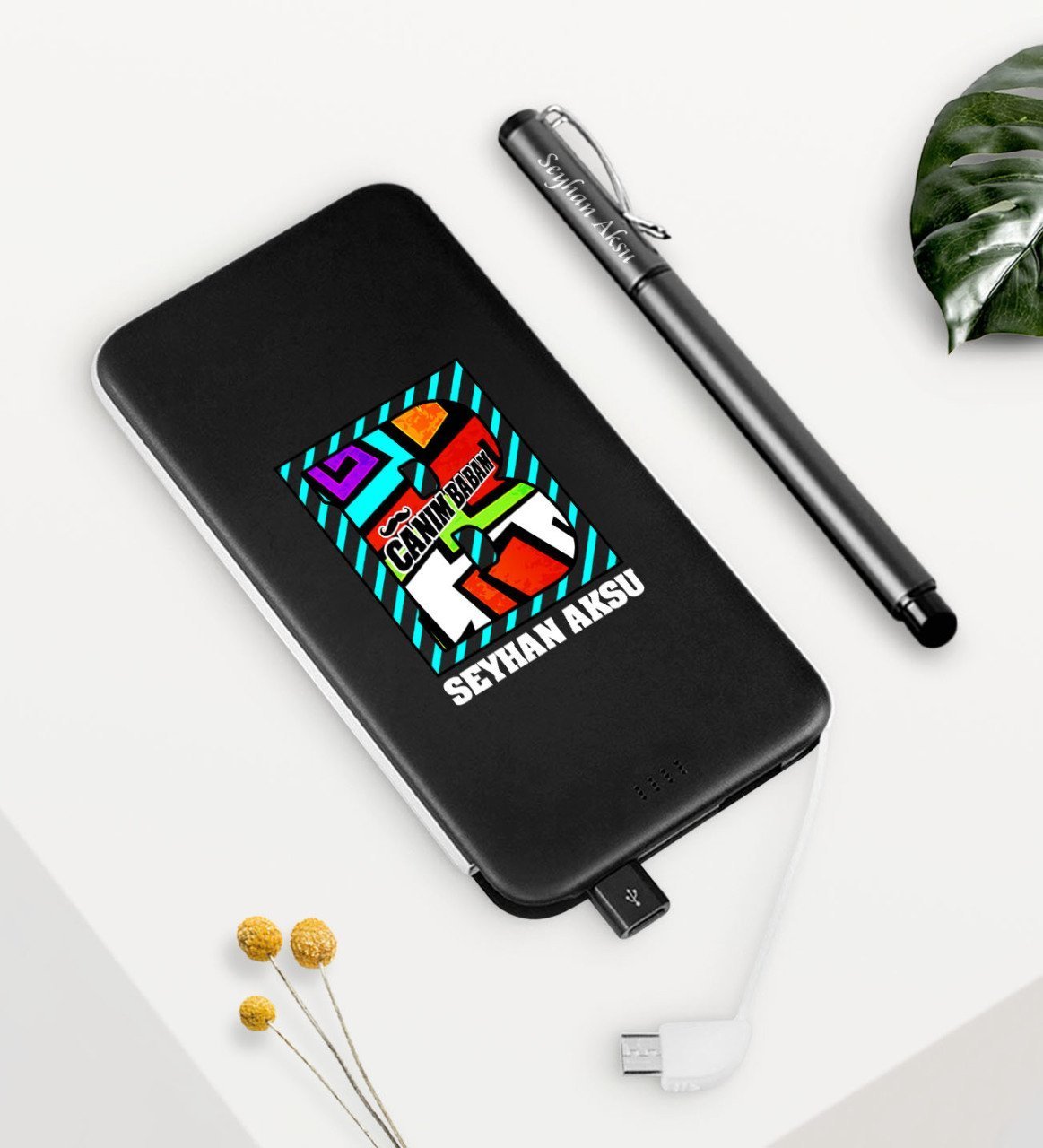 Kişiye Özel Canım Babam Siyah 5000 mAh Powerbank ve Kalem Seti-3