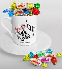 Kişiye Özel Sınıf Öğretmeni Türk Kahvesi Fincanı ve Haribo Şeker Hediye Seti-2