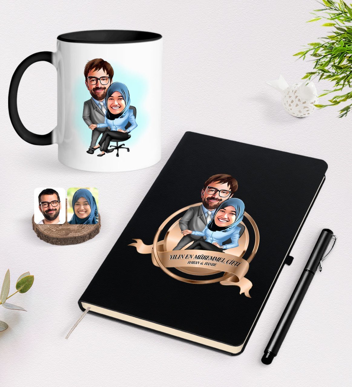 Kişiye Özel Yılın En Mükemmel Çifti Karikatürlü Siyah Defter Kalem ve Kupa Seti-59