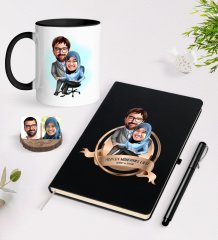 Kişiye Özel Yılın En Mükemmel Çifti Karikatürlü Siyah Defter Kalem ve Kupa Seti-59