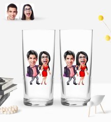 Kişiye Özel Sevgililer Karikatürlü 2’li Rakı Bardağı ve Meze Tabaklı Doğal Masif Ahşap Servis Sunum Tepsisi Model 4