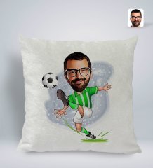 Kişiye Özel Yeşil Beyaz Futbolcu Karikatürlü Kare Araç Koltuk Yastığı-1