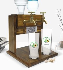 Kişiye Özel Renkli Baskılı Bolu Tasarımlı Turistik İkili Rakı Bardağı ve Çift Musluklu Doğal Ahşap Rakı Standı-1