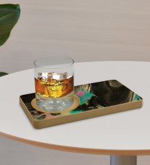 Kişiye Özel Mermer Tasarımlı Doğal Ahşap Tabaklı Viski Bardağı Sunum Seti Model 17