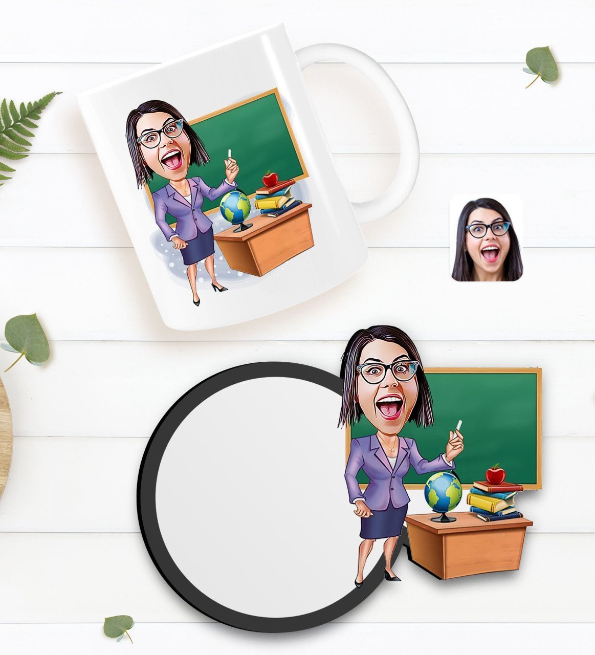 Kişiye Özel Kadın Öğretmen Karikatürlü Beyaz Kupa ve Ahşap Bardak Altlığı Hediye Seti-1