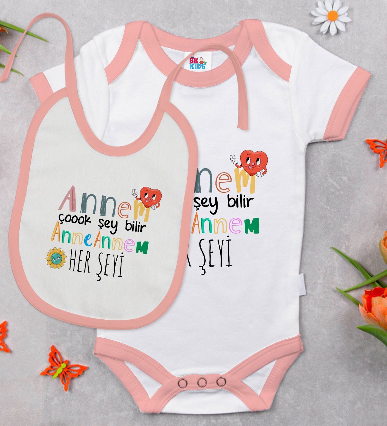 BK Kids Annem Çok Şey Bilir Tasarımlı Pembe Bebek Body Zıbın ve Mama Önlüğü Hediye Seti-1