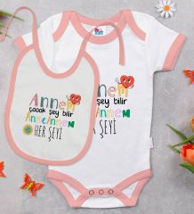 BK Kids Annem Çok Şey Bilir Tasarımlı Pembe Bebek Body Zıbın ve Mama Önlüğü Hediye Seti-1