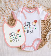 BK Kids Annem Çok Şey Bilir Tasarımlı Pembe Bebek Body Zıbın ve Mama Önlüğü Hediye Seti-1