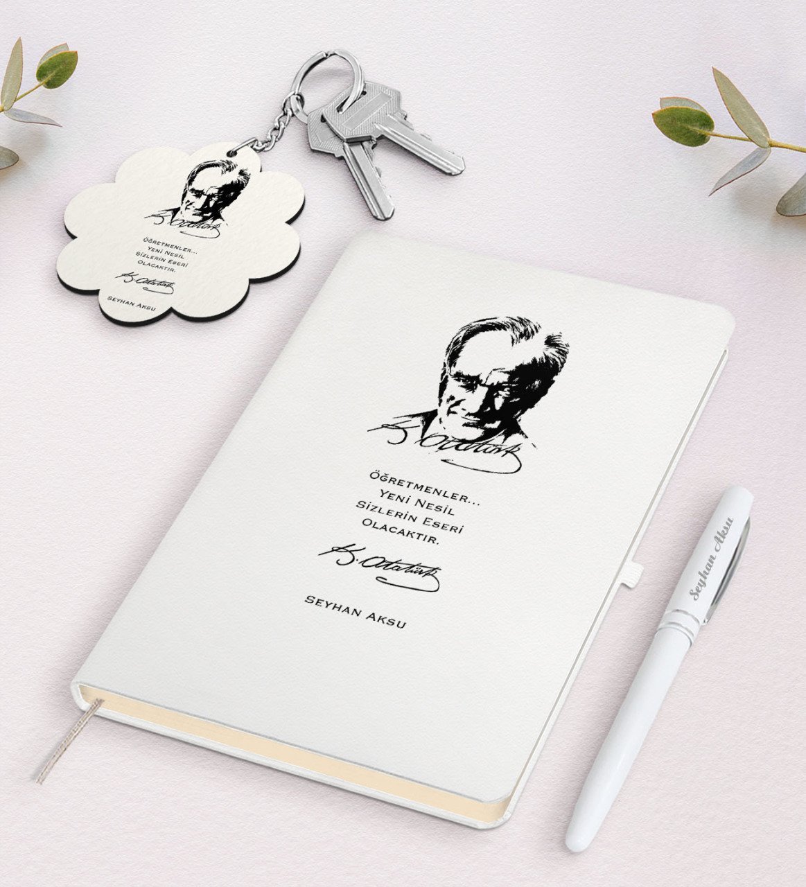 Kişiye Özel Atatürk Öğretmen Beyaz Defter Kalem Ve Anahtarlık Hediye Seti-2