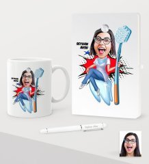 Kişiye Özel Bayan Diş Hekimi Karikatürlü Beyaz Defter Kalem Kupa Seti - 3