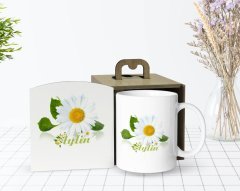 Kişiye Özel Ahşap Kutuda Papatya Temalı Beyaz Kupa Bardak-4