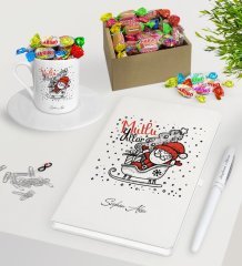 Kişiye Özel Noel Baba Beyaz Defter Kalem Türk Kahvesi Fincanı ve Kutulu Haribo Şeker Hediye Seti-5
