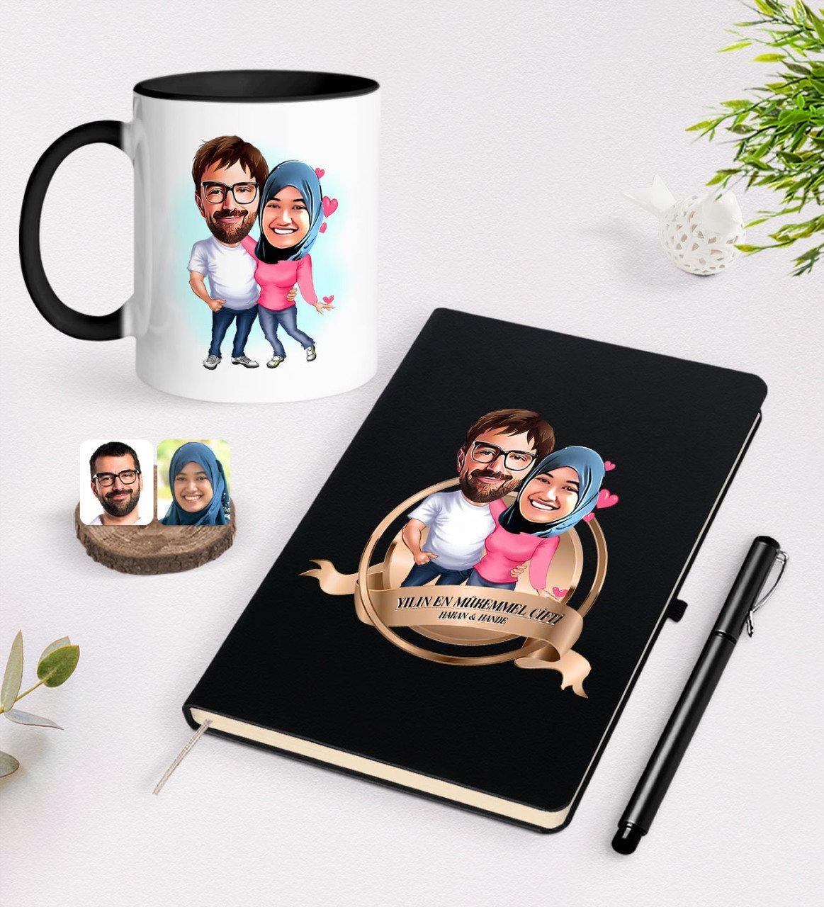 Kişiye Özel Yılın En Mükemmel Çifti Karikatürlü Siyah Defter Kalem ve Kupa Seti-58