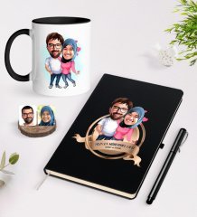 Kişiye Özel Yılın En Mükemmel Çifti Karikatürlü Siyah Defter Kalem ve Kupa Seti-58
