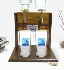 Kişiye Özel Renkli Baskılı Bodrum Tasarımlı Turistik İkili Rakı Bardağı ve Çift Musluklu Doğal Ahşap Rakı Standı-1