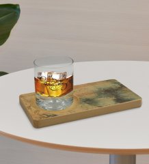 Kişiye Özel Mermer Tasarımlı Doğal Ahşap Tabaklı Viski Bardağı Sunum Seti Model 16