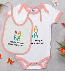 BK Kids Baba Tasarımlı Pembe Bebek Body Zıbın ve Mama Önlüğü Hediye Seti-1