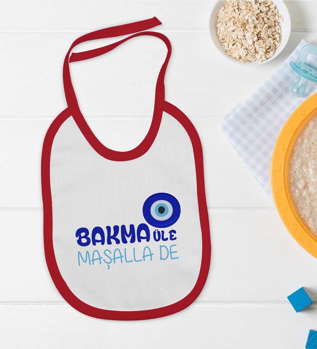 BK Kids Maşallah De Tasarımlı Kırmızı Bebek Mama Önlüğü-1