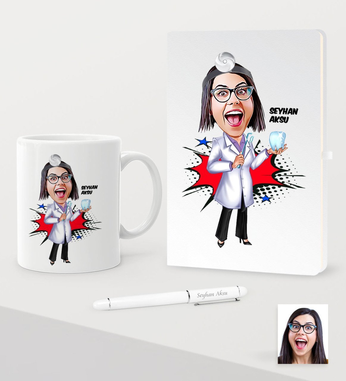 Kişiye Özel Bayan Diş Hekimi Karikatürlü Beyaz Defter Kalem Kupa Seti - 2