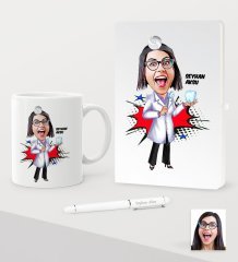 Kişiye Özel Bayan Diş Hekimi Karikatürlü Beyaz Defter Kalem Kupa Seti - 2