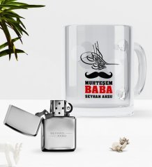 Kişiye Özel Muhteşem Baba Cam Kupa Bardak Benzinli Çakmak Seti