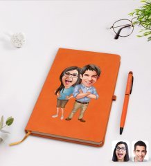 Kişiye Özel Sevgililer Karikatürlü Turuncu Termo Deri Defter Kalem Seti Model 101