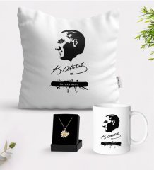 Kişiye Özel Atatürk Temalı Beyaz Kupa Yastık ve İsimli Papatya Kolye Hediye Seti-4