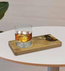 Kişiye Özel Mermer Tasarımlı Doğal Ahşap Tabaklı Viski Bardağı Sunum Seti Model 15