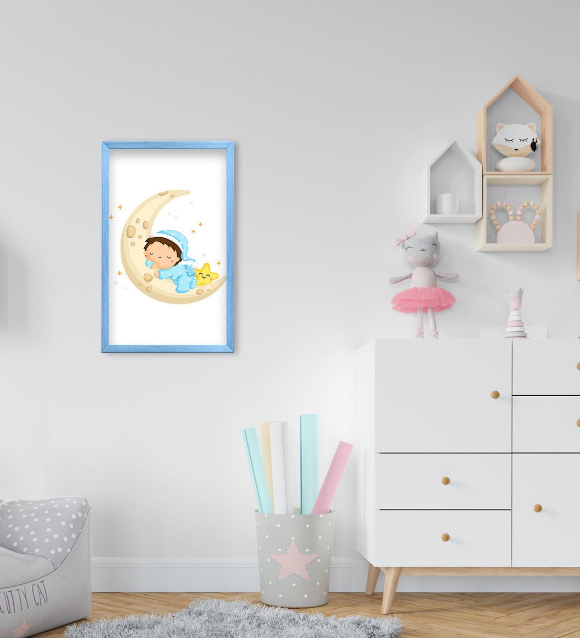 BK Home Sevimli Çocuk Tasarımlı Dekoratif Mavi Ahşap Çerçeveli Çocuk Odası Tablo-1