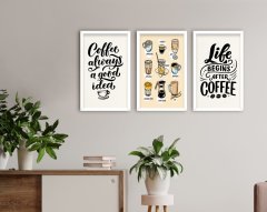 BK Home Coffee Tasarımlı Dekoratif 3’lü Ahşap Beyaz Çerçeveli Tablo-8