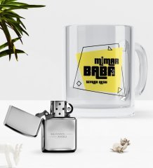Kişiye Özel Mimar Baba Cam Kupa Bardak Benzinli Çakmak Seti-2