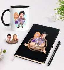 Kişiye Özel Yılın En Mükemmel Çifti Karikatürlü Siyah Defter Kalem ve Kupa Seti-56