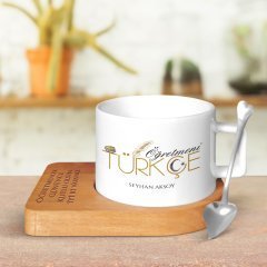 Kişiye Özel Türkçe Öğretmeni Ahşap Altlıklı Seramik Fincan - 1